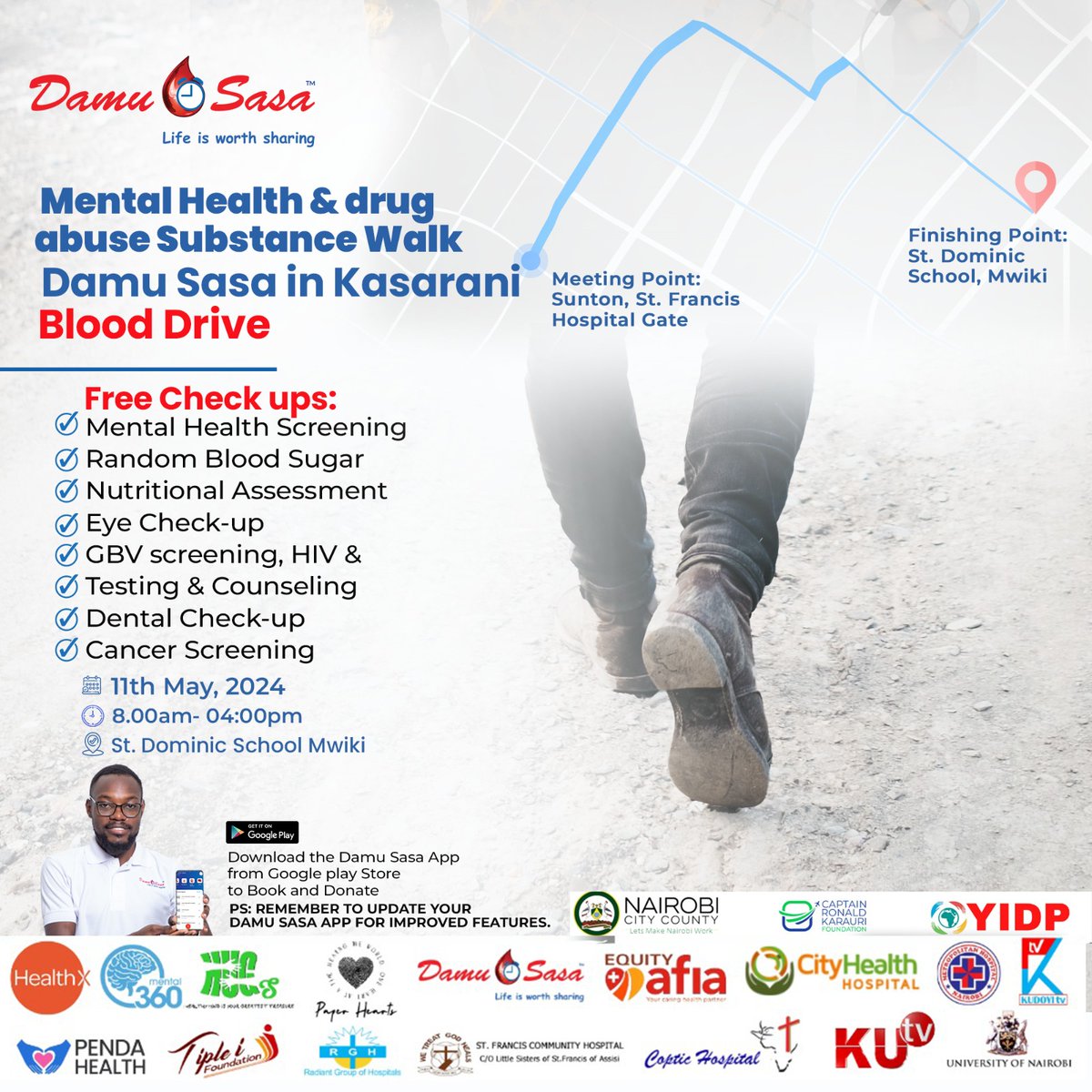 Damu Sasa will be in Kasarani for the Mental Health & Drug Abuse Substance Walk.Don't miss our Blood Drive and the complementary health services! #damusasa #kasaraniedition #blooddrive #MentalhealthanddrugabuseWalk