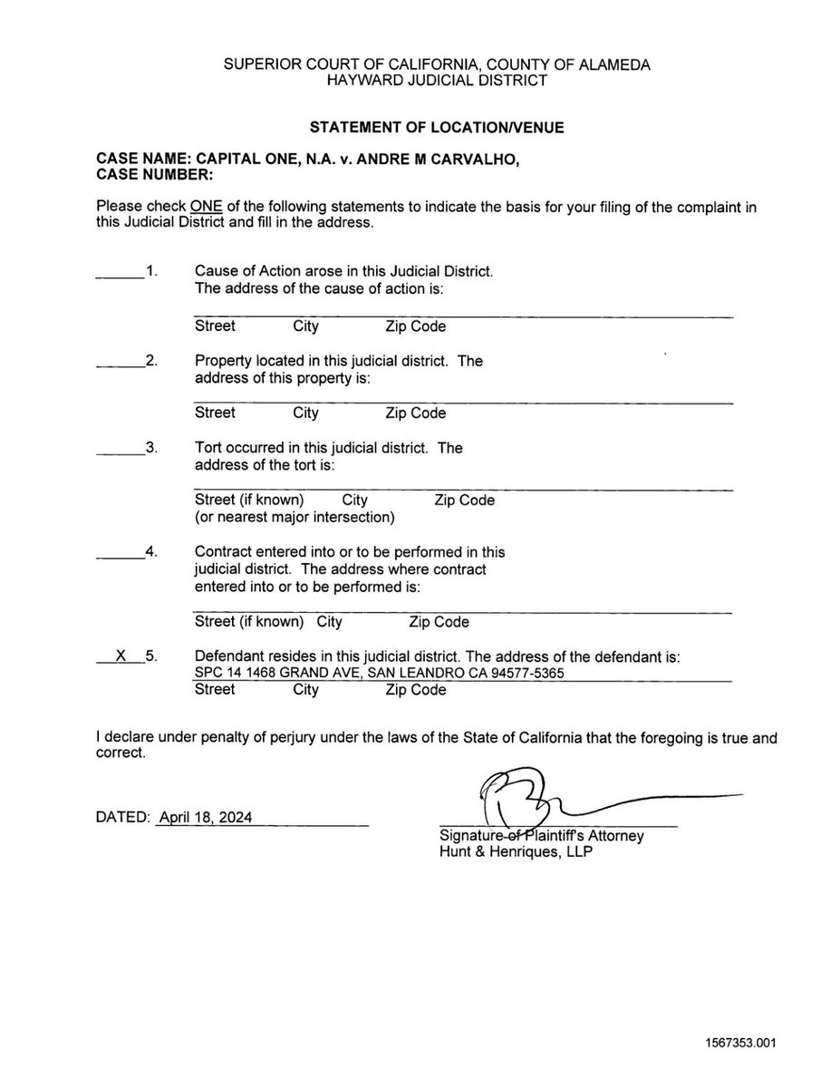 Filed yesterday: CAPITAL ONE N.A. vs CARVALHO (24CV074564)
Category: Collections Case - Seller Plaintiff     
Type: Civil Limited
#Hayward #SanLeandro