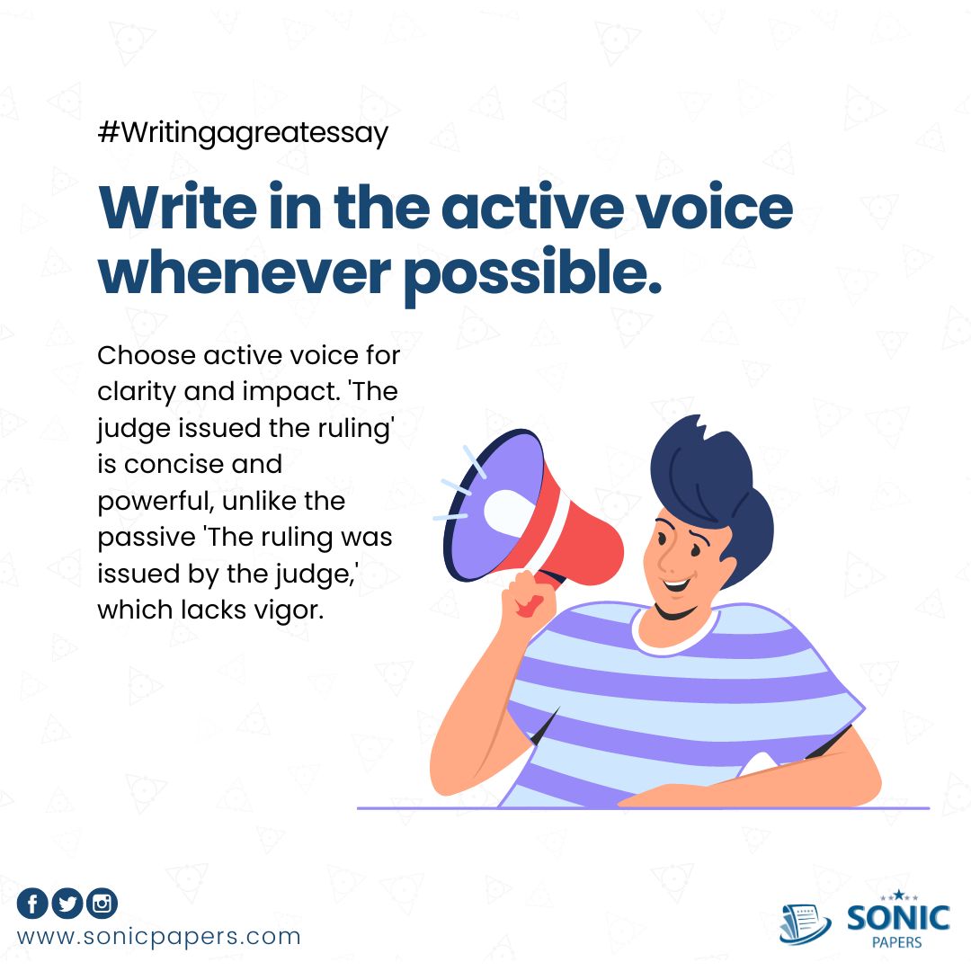 Embrace the active voice whenever possible for vibrant and compelling prose. For instance, 'The chef prepared the meal' packs more punch than 'The meal was prepared by the chef.'

#SonicPapers #LanguageSkills #EffectiveWriting 
.
Order now - SONICPAPERS.COM