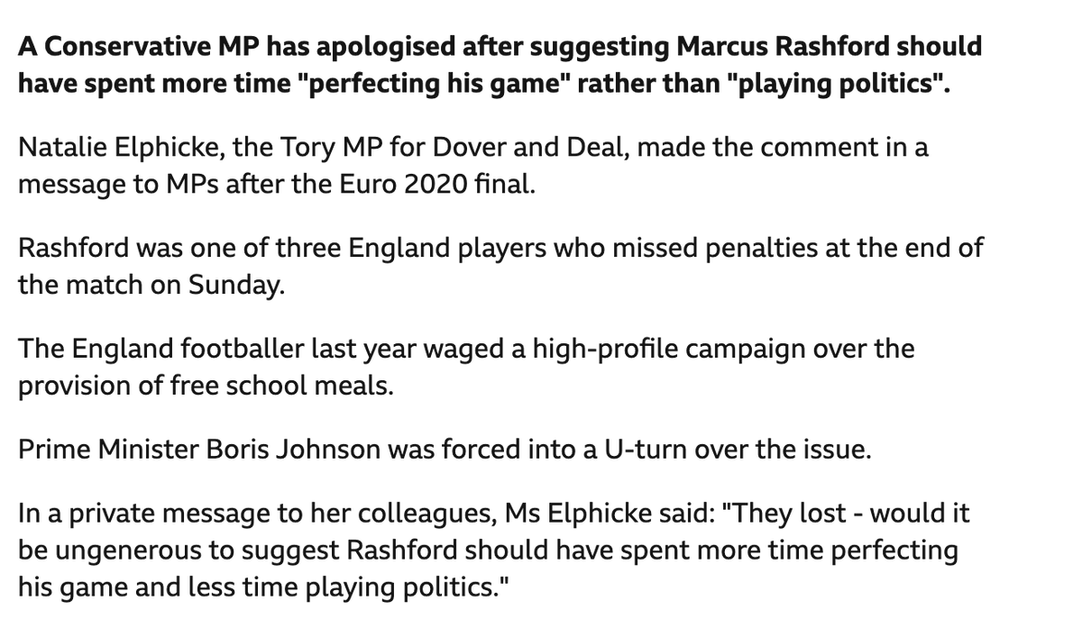 Tory MP Natalie Elphicke has defected to the Labour party. 

Here she is in 2021 suggesting Marcus Rashford missed a penalty because he spent too much time pursuing free school meals.