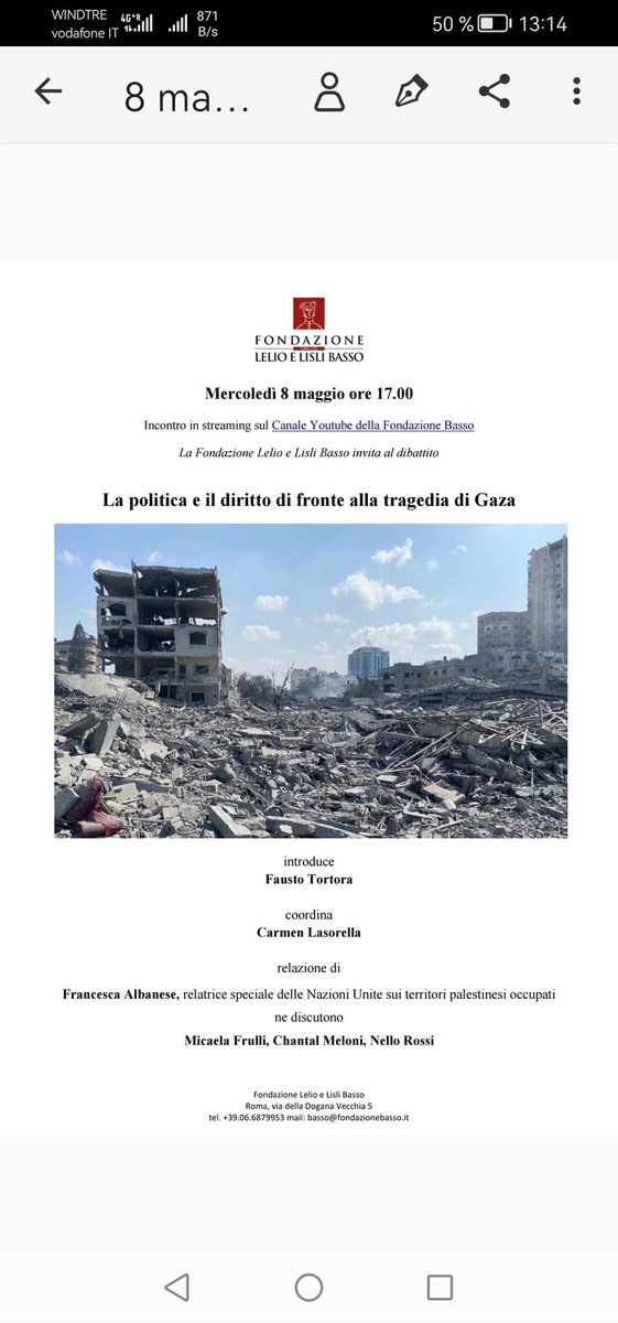 Oggi alla @fondazionebasso un incontro per presentare il rapporto della Special Rapporteur dell'Onu @FranceskAlbs su #Gaza *Anatomia di un genocidio* - Potete seguirci anche online sul canale della Fondazione youtube.com/@fondazionebas… Con @micaelafrulli. Dettagli nel flyer 👇