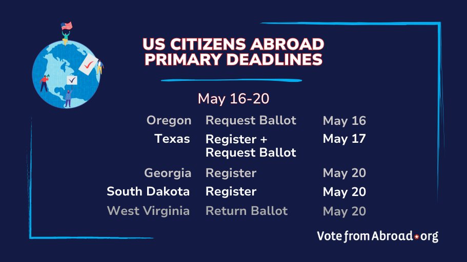 🚨Primary voting deadlines are approaching!🚨 If you're living or studying abroad, don't miss out! 🌍Make your voice heard by voting from anywhere visit ow.ly/Mo8S50Rq80a today! 🗳️🌟 #VoteFromAnywhere #Election2024 #PrimaryVoting #Vote2024 #VoteFromAbroad #ElectionDeadline