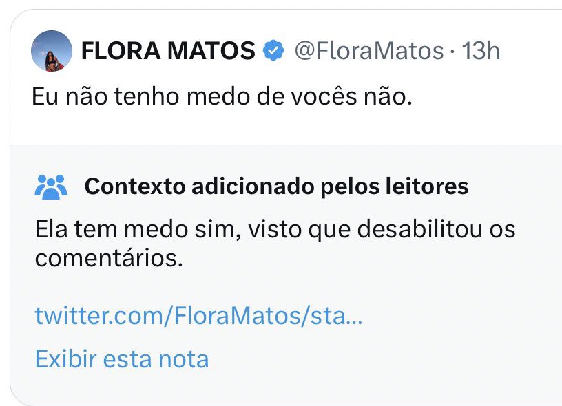 poptime's tweet image. Flora Matos recebeu MAIS UMA nota do Twitter/X em sua publicação 🗣️