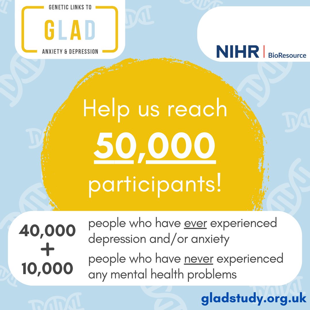 We are supporting the @JoinGLADStudy @gladstudy and encourage anyone with #depression, #anxiety or no experience of #mentalhealthdisorders to sign up and join the 50,000 people helping to make a change in mental health research. Sign up at gladstudy.org.uk @NIHRBioResource