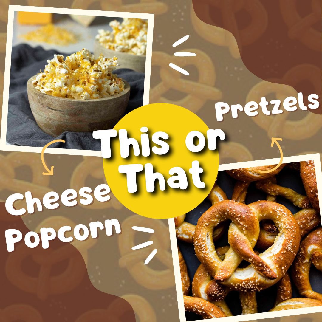 Indulge in a cheesy delight or savor the salty crunch - pick your snack: cheese popcorn🍿😁or pretzels🤤🥨.

#thisorthat #cheesepopcorn #pretzels