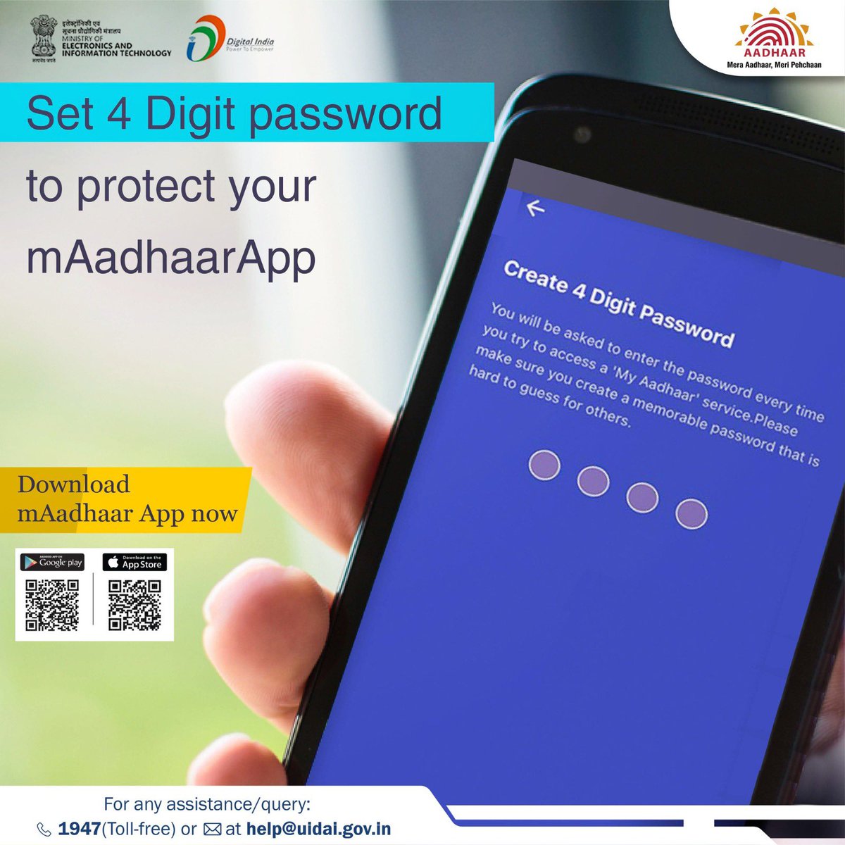 Set a 4-digit password for your #mAadhaar app to use any Aadhaar-related services like Aadhaar Lock/ Unlock, Biometric Lock/ Unlock, Generate VID, eKYC, etc. Install the #Aadhaar now from the Google Play Store or App Store. #DigitalIndia @UIDAI