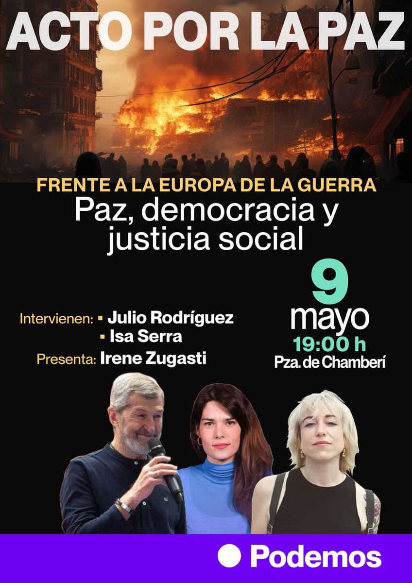 Mañana, en la plaza de Chamberí, vamos a hablar de una Europa de la paz, democracia y justicia social frente al belicismo, el genocidio y la guerra. Ahí nos vemos con @irezugasti y @Julio_Rodr_ 🤍