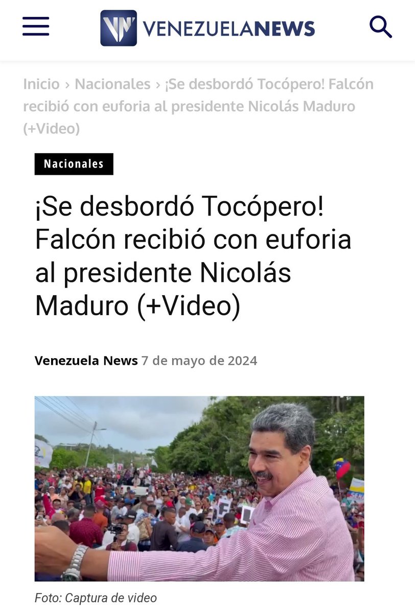 Pueblo del municipio Tocópero, estado Falcón, recibió con gran euforia al presidente de Venezuela, @NicolasMaduro, quien se llegó la tarde de este martes 7 de mayo a Coro.

#NadieDetieneAlPuebloValiente
venezuela-news.com/tocopero-falco…