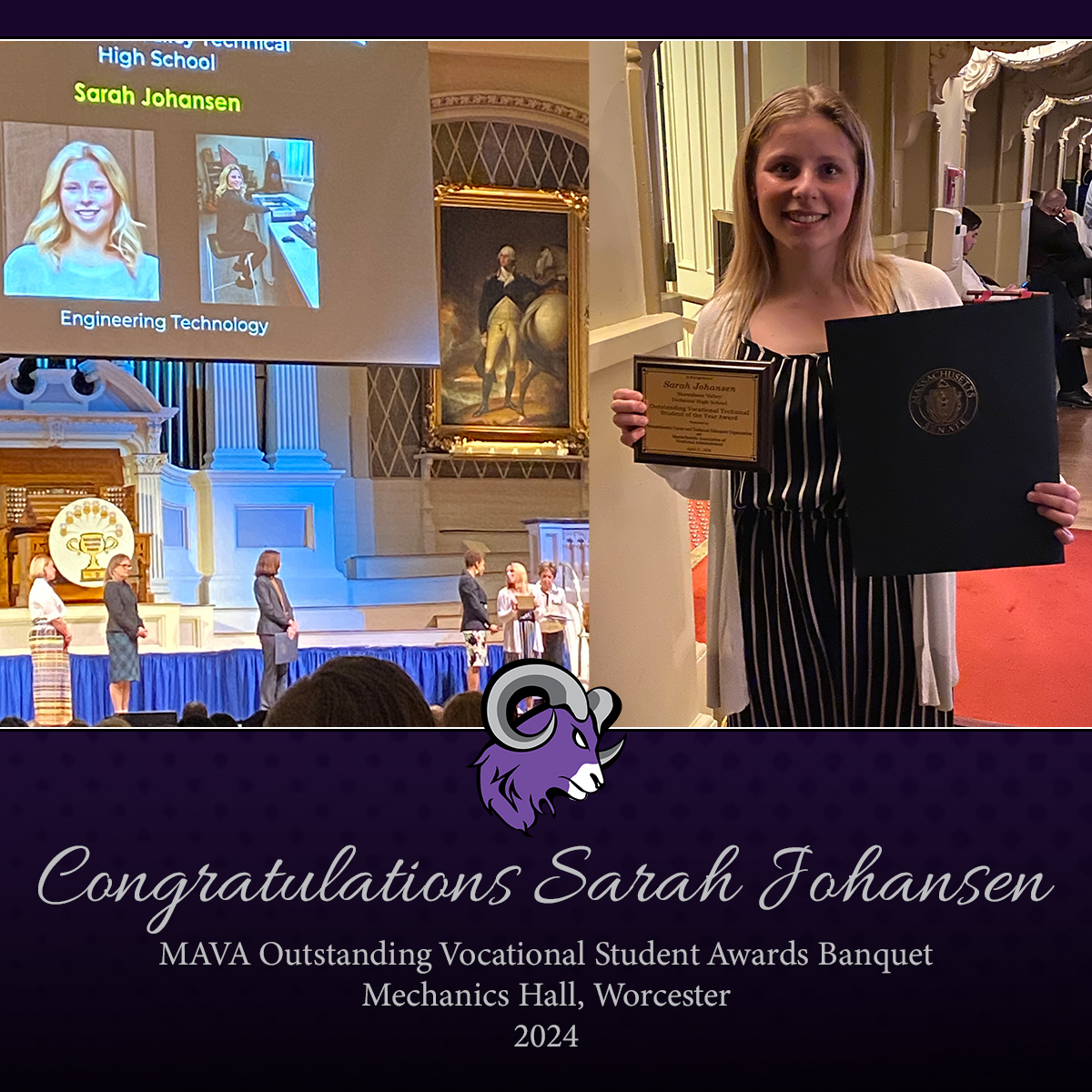 Congratulations to senior engineering student Sarah Johansen, for being selected as Shawsheen's Outstanding Vocational Student, and subsequently recognized at MAVA's Outstanding Vocational Student Awards Banquet. Well done! #WeAreShawsheen #STRams #ShawTechSenior #classof2024