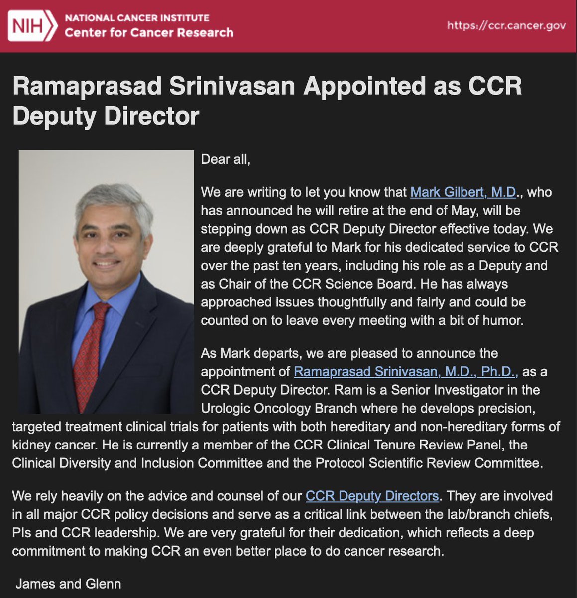 #CCRNews: Congratulations to Dr. Ramaprasad Srinivasan for being appointed as a CCR Deputy Director! 👏 Dr. Srinivasan's commitments to developing targeted treatments for #KidneyCancer and increasing diversity in our #ClinicalTrials are greatly admired.