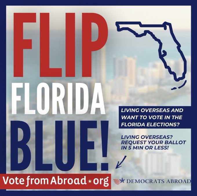 Florida has over 190,000 overseas voters! Just think what could happen if we could get them all to #VoteFromAbroad!

Help us spread the word. All American citizens, no matter where in the world they live, can vote in US elections. And our votes do make a difference. #DemsAbroad