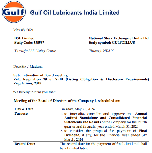 GULF OIL LUBRICANTS
GOLIL
#Q4FY24

Results on 21st May 2024 (Tuesday)
Final dividend will also be considered.

Last time dividends were Rs 16/share approx. 3% yield from average buying price!