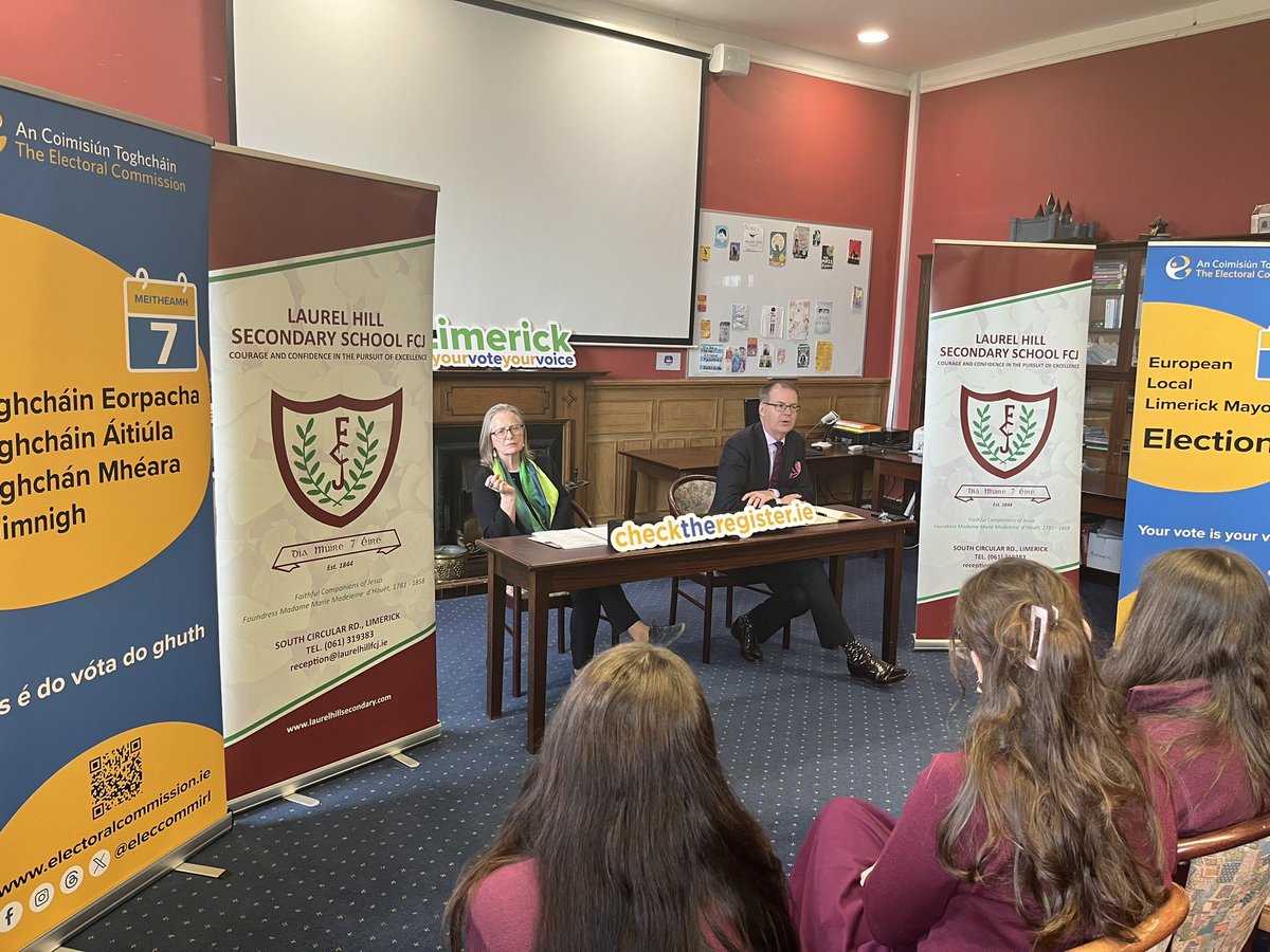 🗳️Should we have votes at 16? Should posters be banned? How can we make voting easier? Some brilliant discussions with the girls at @laurelhillsec in #Limerick several of whom will be first time voters on 7 June. #YourVoteYourVoice