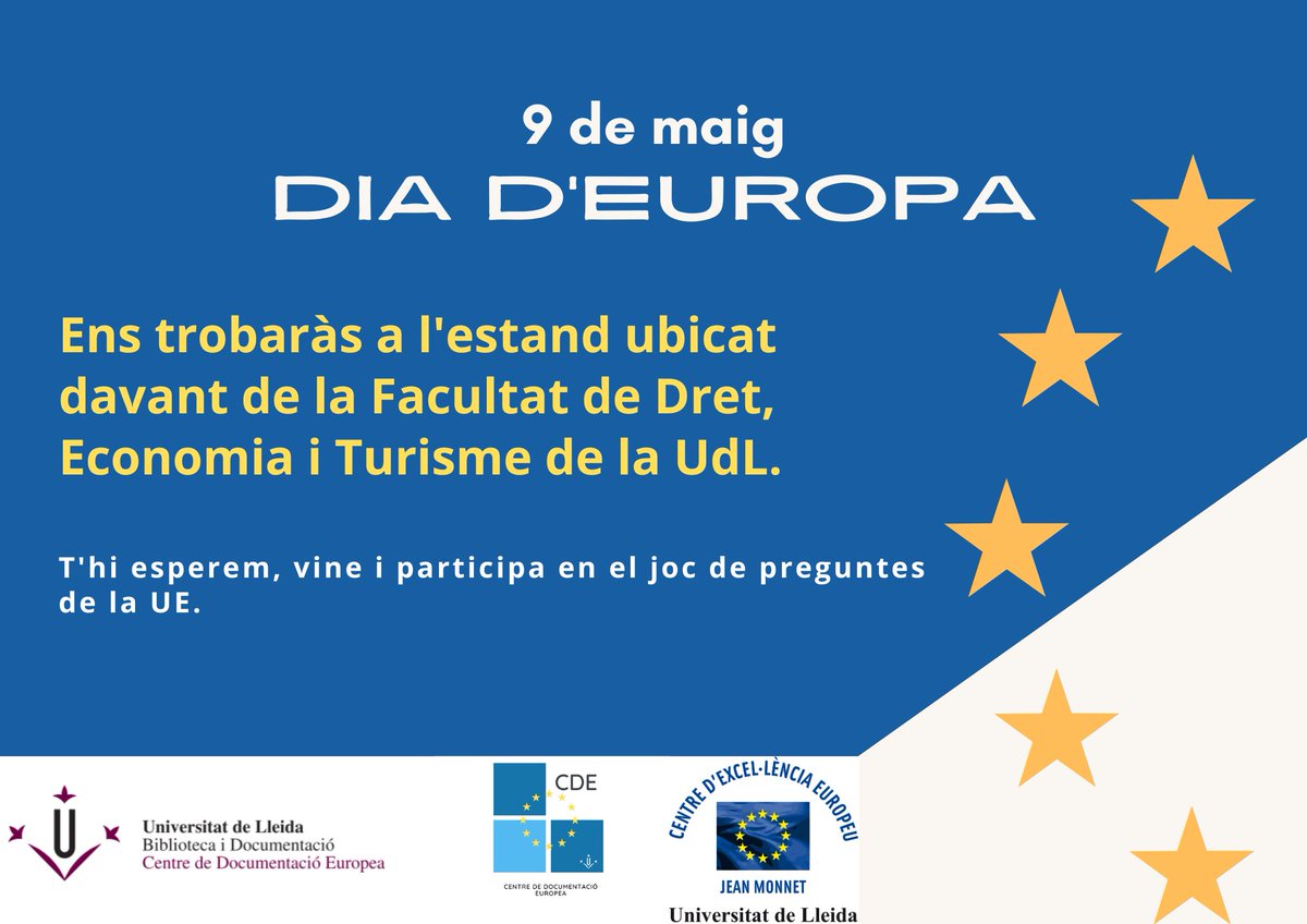 🇪🇺Demà 𝟗 𝐝𝐞 𝐦𝐚𝐢𝐠 celebrem el 𝐃𝐢𝐚 𝐝'𝐄𝐮𝐫𝐨𝐩𝐚. Vine a l'estand i t'informarem sobre voluntariats, programes europeus, pràctiques a les institucions de la UE i molt més ‼️
#CDEuropa #DiaEuropa2024