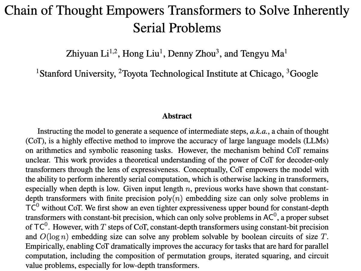 Why does Chain of Thought (CoT) work? Our #ICLR 2024 paper proves that CoT enables more *iterative* compute to solve *inherently* serial problems. Otoh, a const-depth transformer that outputs answers right away can only solve problems that allow fast parallel algorithms.