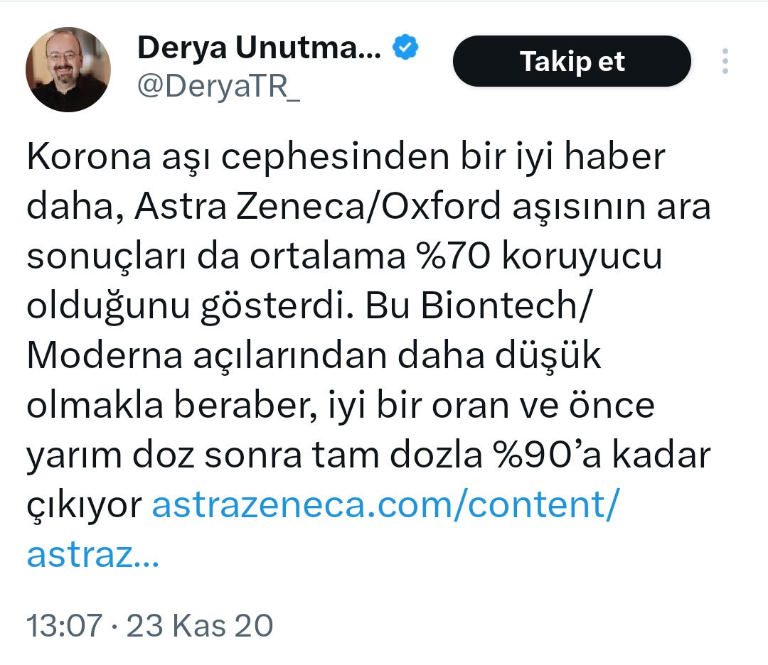 Fatih Altaylı: 'Sayın Bakan astra zeneca onay aldı. Üstelik en ucuz aşı. Niye almıyoruz?' Derya Unutmaz (retweetleyerek): 'AstraZeneca aşısından da ülkemizin alması çok yerinde olur.'