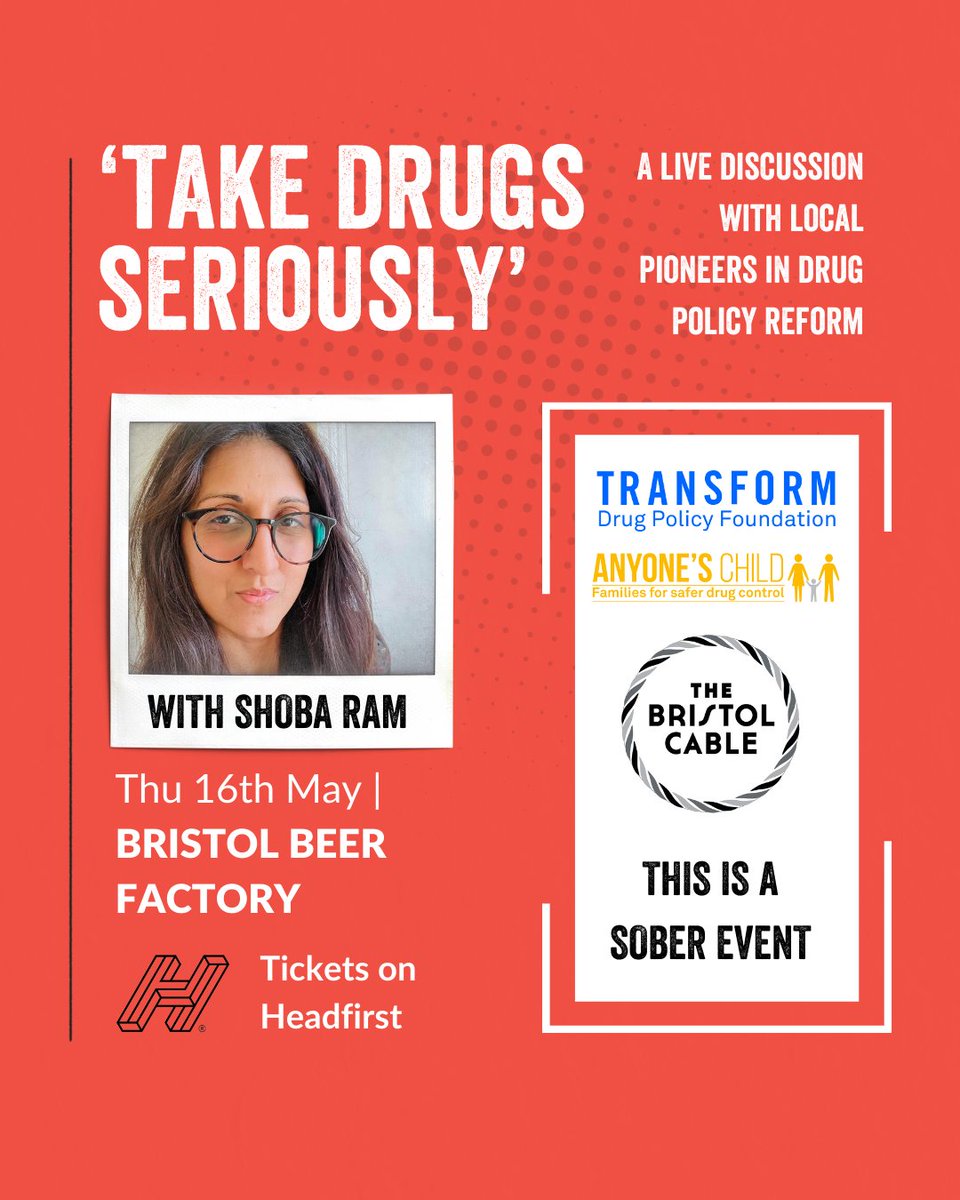 Our fantastic new co-CEO Shoba Ram is speaking at this event in Bristol next Thursday! Make sure you come along to hear from Shoba Ram, David Nutt, and Neil Woods about the future of how we treat drugs and where Bristol stands. Grab your ticket here: headfirstbristol.co.uk/whats-on/brist…