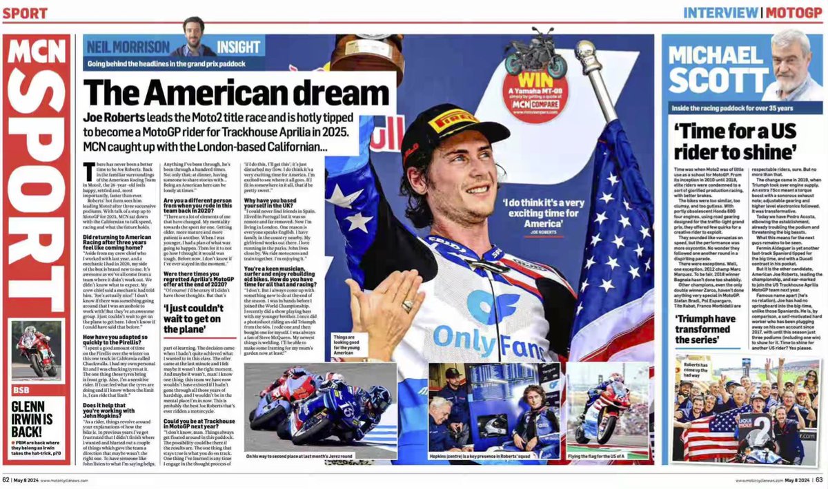 Have an interview with Moto2 title leader Joe Roberts in this week's @MCNnews. Was great on what's contributing to this year's speed, why he bases himself in London & MotoGP prospects for '25! Out now in stores & the MCN App (subscription required) - bit.ly/3ZAhcib!