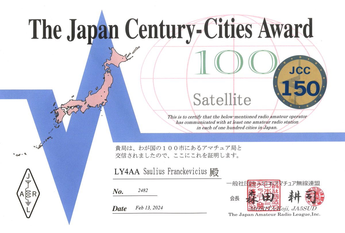 Got letter from JARL with upgrade for my JCC. 
Now JCC-150 ☑️ is completed.
Many thanks for JA rover stations for making this possible. I very much hope that You have as much fun by activating those rare JCCs as I do working with You and exploring Japan. CU! 73!