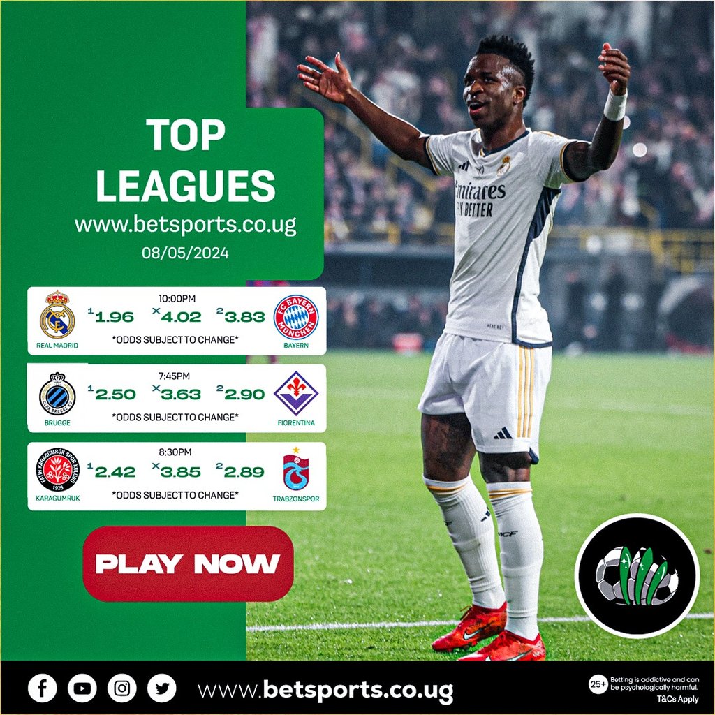 ⚽ Enjoy the #TOPLeagues thrill at betsports.ug 🎉 Join now for a 100% first deposit bonus, up to UGX 150k for new members 💸 Get a stake-back bonus if your 7-fold ACCA misses by just 1 game! 🚀 Plus, enjoy a 50% Winning Boost. #RMAFCB #ChampionsLeague