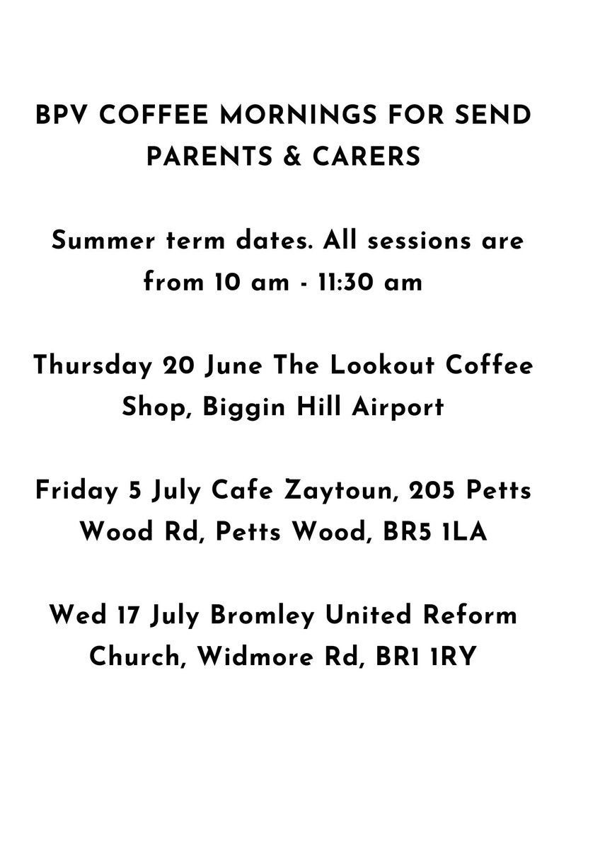 Bromley Mencap (@bromleymencap) on Twitter photo Save the dates 🗓️
<a href="/BPVForum/">Bromley Parent Voice</a> has published its summer term coffee mornings for parents and carers of children/young people with Special Educational Needs. Save the dates 🗓️
<a href="/BPVForum/">Bromley Parent Voice</a> has published its summer term coffee mornings for parents and carers of children/young people with Special Educational Needs.