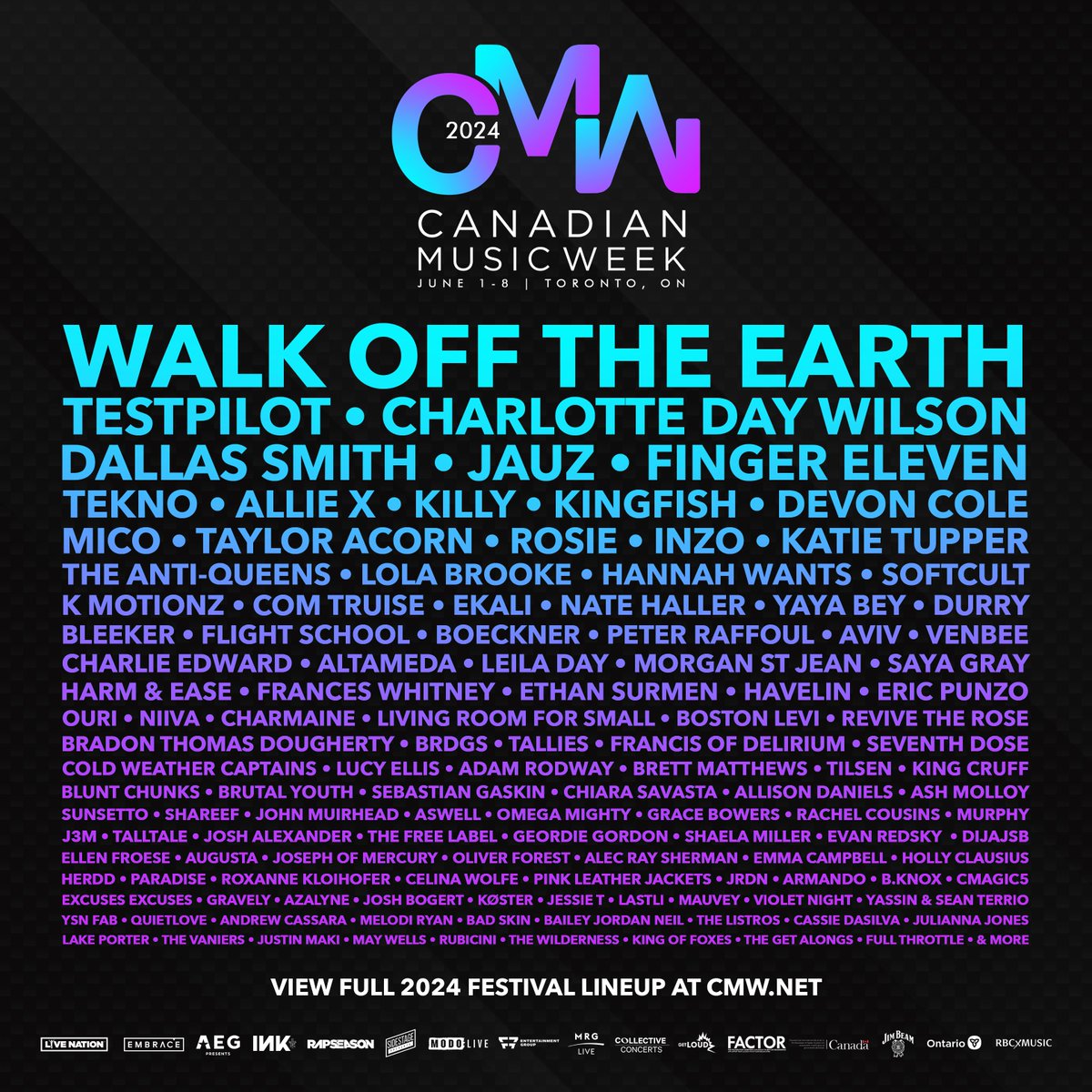 We are thrilled to announce the full 2024 CMW Festival lineup! 🎶🙌🔥 Bringing 250+ acts in over 25 venues in Toronto between June 1-8. Tap the link to get your wristbands or to purchase tickets to individual shows. cmw.net/festival/sched… #cmw2024 #canadianmusicweek