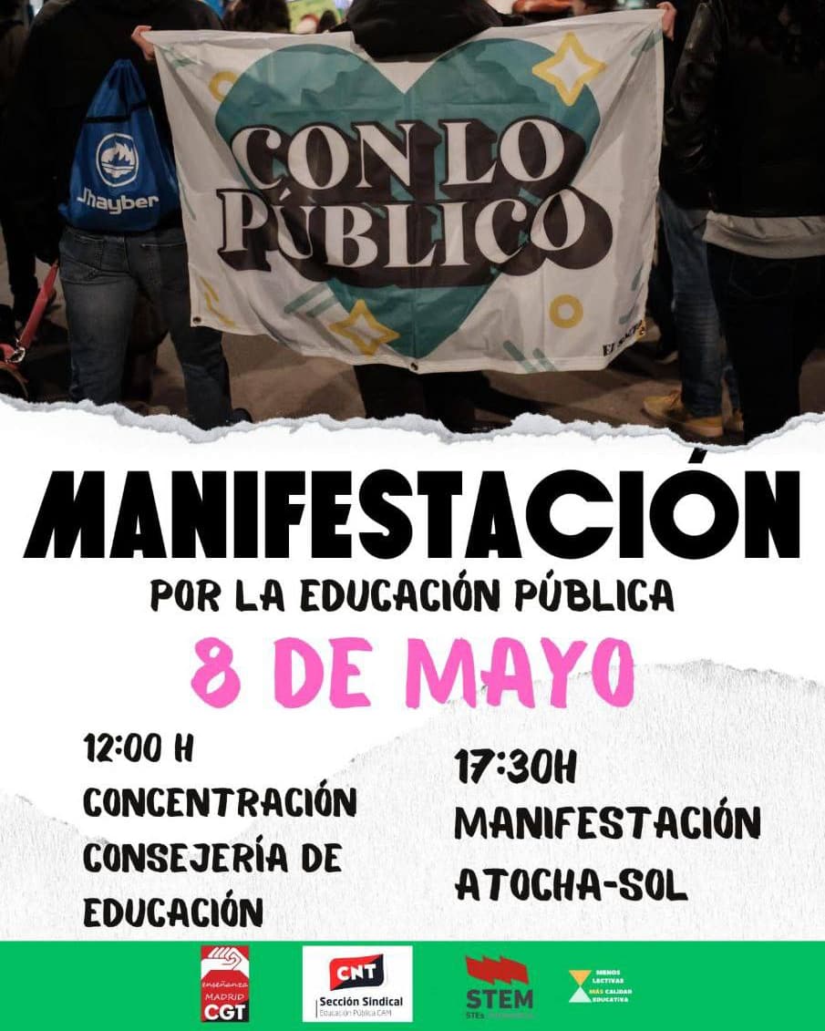 Hoy 🗓️8 de mayo,
📢 MANIFESTACIÓN POR LA EDUCACIÓN PÚBLICA
⏰a las 17.30h
📍Atocha-Sol

#stoprecorteseneducaciónpública  #educaciónpúblicadetodxsyparatodxs #educaciónpúblicadecalidad  #segregaciónporidiomas #ratiosimposibles  #ayusopontecon29niñxsy8connecesidadesespeciales