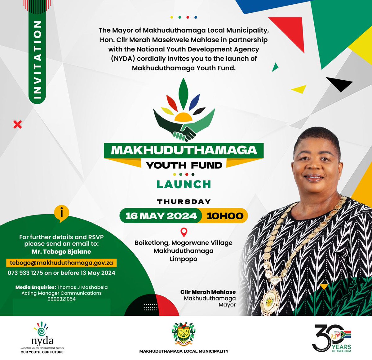 Mayor Hon. Cllr Merah Masekwele Mahlase invites you to be part of the launch of the Makhuduthamaga Youth Fund in partnership with the NYDA and Makhuduthamaga Local Municipality! Save the Date: 🗓️ Date: Thursday, 16 May 2024 🕙 Time: 10:00am 📍 Venue: Boiketlong, Mogorwane…