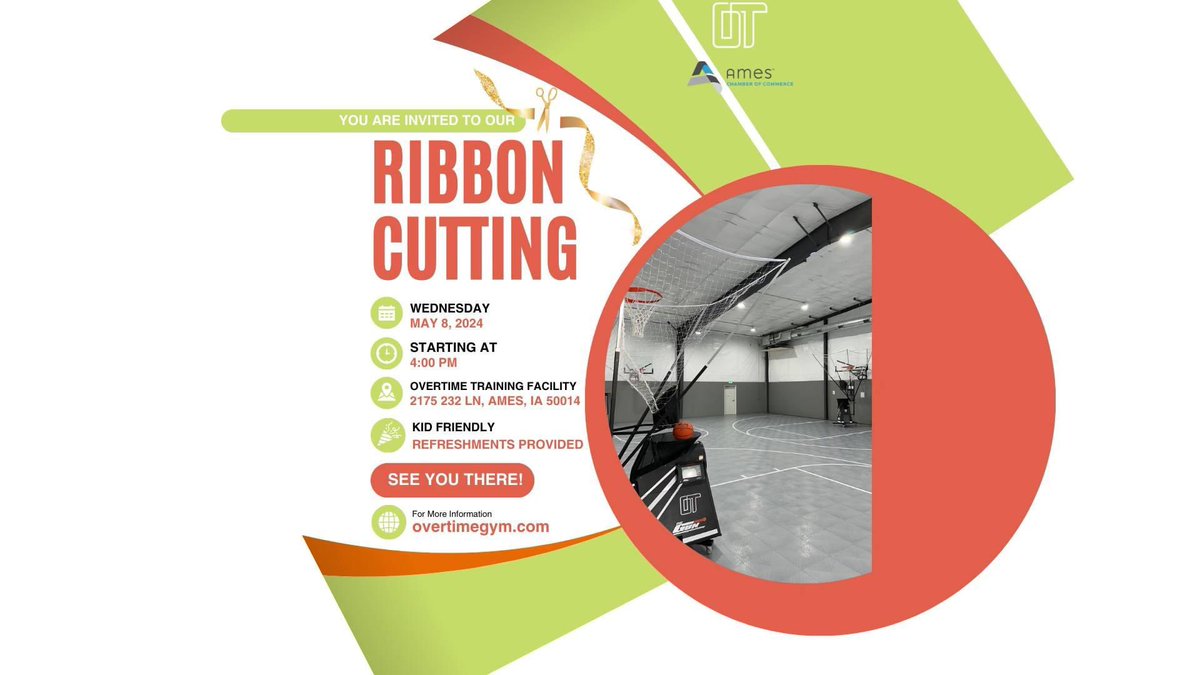 Today is the day! @ScoreOvertime ribbon cutting with @AmesChamber! Scissors at 4, doors open until 6. Come see our place of Improvement and Empowerment for youth in our community! 🧡✂️💚