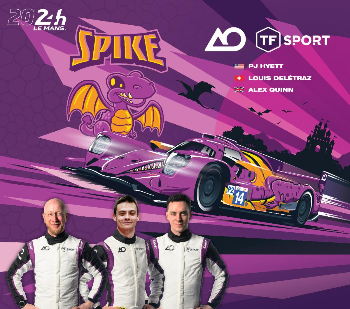 SPIKE TO LE MANS 🐉💜

Last year 'Rexy' took to the 24h, this year AO by TF will bring the 'Spike' LMP2 to the grid.

The #14 will race in the LMP2 Pro-Am class, carrying the purple colours from AO's IMSA entry.

🇺🇸 PJ. Hyett
🇨🇭 L. Deletraz
🇬🇧 A. Quinn

@AORacingUSA | #LeMans24