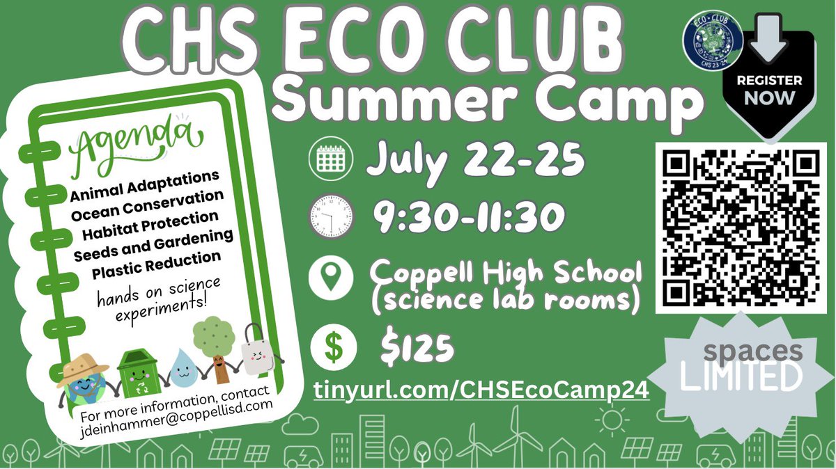 Hey CISD friends! We are offering a summer camp this year to inspire the next generation of environmentalists!  Please share with your 3rd-5th grade friends! Register at Tinyurl.com/CHSEcoCamp24 #CISDMissionPossible
