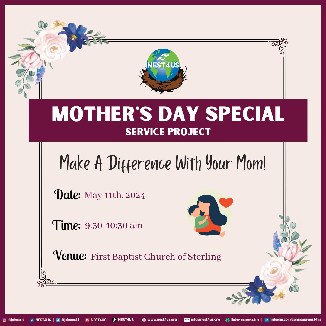 What better way to spend time with your #mom than by #givingback to your #community? #Signup today for our #MothersDay Special #service event to #makeadifference with your #mother! #NEST4US #Kindness #Volunteer #FamilyBonding #Love nest4us.org shorturl.at/bfxP9