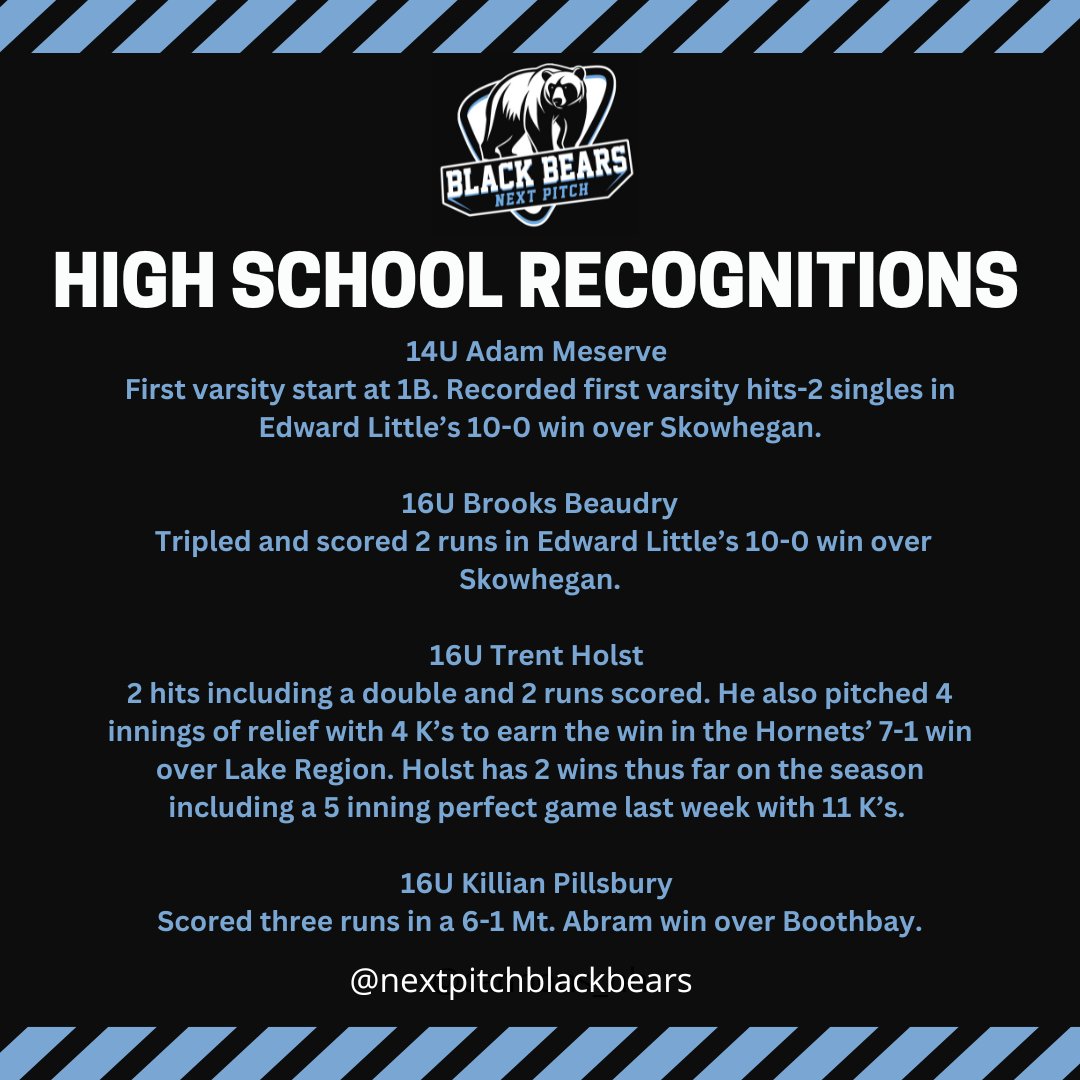 Next Pitch Black Bears who excelled recently in HS Games! Congratulations and keep working hard!