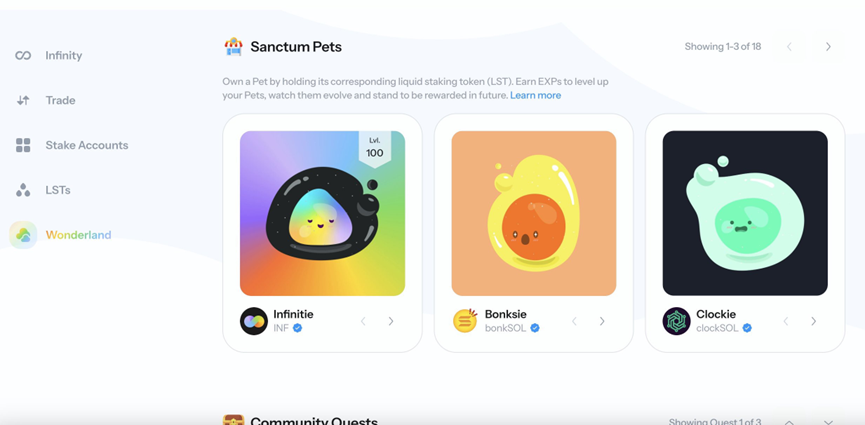 BlockFocus11's tweet photo. 区块聚焦项目研报——Sanctom

本研究报告旨在深入探讨该项目的相关问题，并为投资者提供有价值的信息，本文章不构成任何投资建议，请理性投资。

值得注意的是：

项目官方宣布上线忠诚度计划 Sanctum Wonderland，旨在通过游戏化的体验充分利用 SOL 来获得收益。用户可通过质押 SOL 收集宠物并赚取经验值来升级，通过宠物赚取 EXP。

了解更多活动玩法可点击链接：

https://t.co/HiG9Dn40UQ

🔴      项目简介：

@sanctumso  是基于 Solana 构建的新原语，为流动性质押提供动力，并将 Solana 带入无限 LST 的未来。 Sanctum 使本地质押 SOL 或使用流动性质押代币 (LST) 的用户能够利用强大的统一流动性层。

🔴      项目投资:

Drift Labs 联合创始人David Lu、Squads 联合创始人兼COO Deni Ershtukaev等，目前总融资已达到 610 万美元。

2024-04-03：Sanctum 完成 35 万美元拓展种子轮融资

2021-12-21：Sanctum 完成 575 万美元种子轮融资
投资方由Dragonfly 领投，Solana Ventures、Big Brain Holdings、CMS Holdings、DeFiance Capital、Genblock Capital、Jump Capital、Foundation Capital、BOOGLE、Infinite Capital、Marin Ventures、Peak XV Ventures、Valhalla Capital、mgnr、DeFinance Capital、Rok Capital 机构参投，

🔴      项目优势:

Sanctum 提供了深度统一的流动性，让用户可以在接近零费用的情况下将 LST 兑换为任意其他 LST。这个统一的流动性聚合层包括了三个关键组件：

Reserve（储备）：通过 SOL 流动池，提供即时的解除质押服务，使所有的 LST 用户都可以随时转换为 SOL，并且随时取出质押的 SOL，从而赚取积分。

Router（路由器）：作为 Solana LST 基础设施的关键部分，允许两个通常没有路径的 LST 相互转换。通过让小型 LST 访问更大型 LST 的流动性，实现了 LST 流动性的统一。

Infinity（无限）：是唯一能够原生支持数百万个不同 LST 的流动性池，支持其中所有 LST 之间的相互转换。它是一个多 LST 流动性池（LP），支持所有列入白名单的 LST。这种多元化的配置策略旨在最大化整体强劲的年化收益，并提供多元化的质押收益。

Sanctum 目前保管超过 10 亿美元资金，TVL 超过 5 亿美元，24 小时交易总额超过 38 万美元。同时，通过 Infinity 的拟议“v0”策略，将来还会根据时间的推移调整配置策略。其中，20% 的份额将激励新 LST 的创建，另外 80% 将用于一篮子 LST 和交易收益，以提供多元化的质押收益和最大化交易量。未来版本的分配策略将根据 APY 进行调整，并可能会考虑增持较小的 LST。

🔴      项目评价：

Sanctum 在 Solana 生态系统中扮演着重要角色。它支持 SOL 流动性，让用户能够质押 SOL 并进行各种操作，比如借贷和交易。同时，通过提供 SOL 释放缓冲，增加了系统的稳定性和安全性。此外，Sanctum 还简化了质押和解除质押的流程，降低了成本，让更多的应用程序能够在 Solana 上进行质押，如 NFT 市场。最后，得到了头部风投的投资，展现了强劲的发展势头，给 Solana 生态带来了更多的期待。