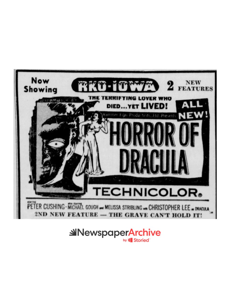 Transport yourself to the golden age of cinema with NewspaperArchive! 🎥 Dive into the vintage allure of movie ads, like the haunting 1958 classic 'Dracula,' starring the legendary Christopher Lee. 🦇📰 #MovieAds #NewspaperArchive #ClassicFilms