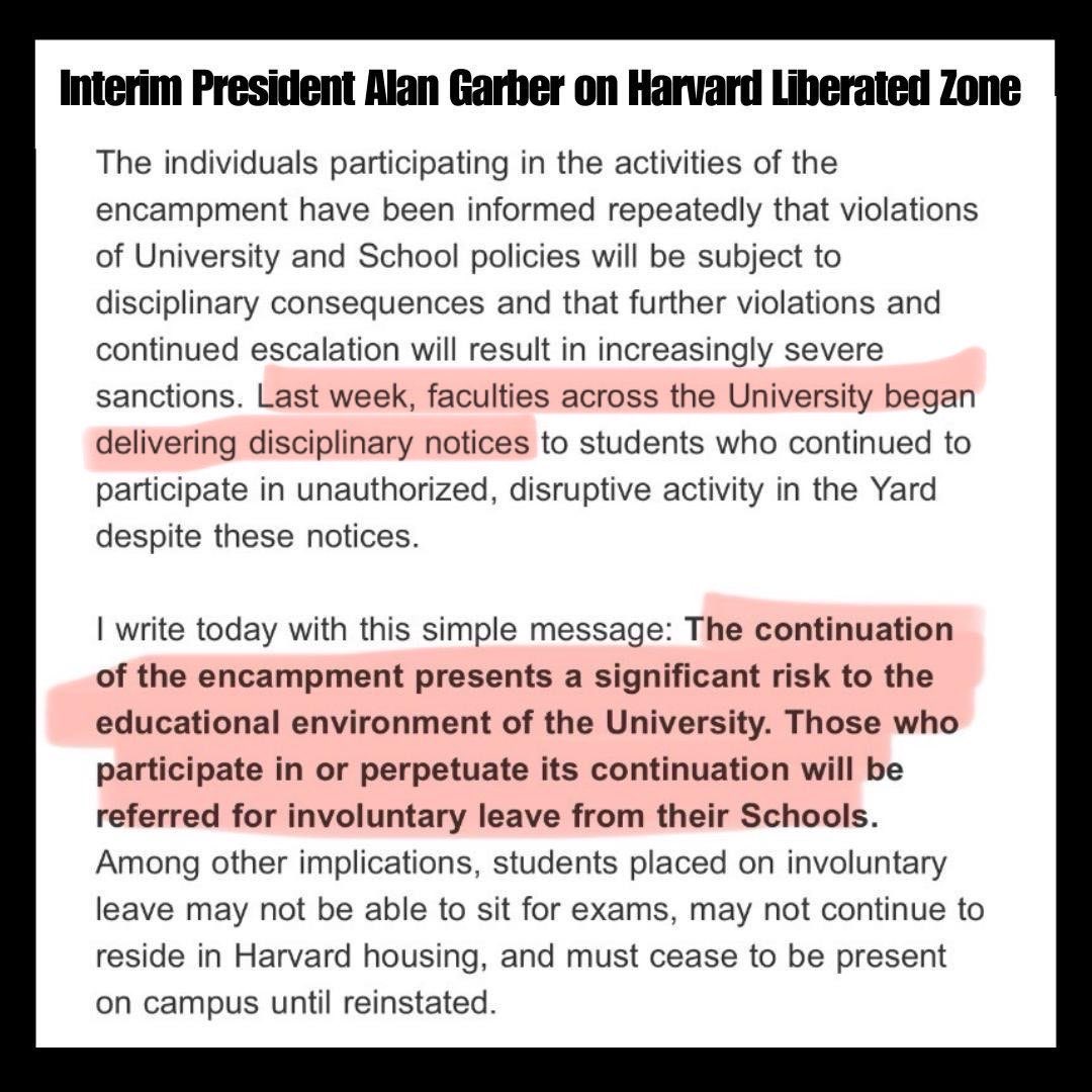 Want to see what the Palestine exception looks like? Check out the difference between how President Faust acted with 2011’s encampment vs Garber this week when he threatened to suspend hundreds of students.