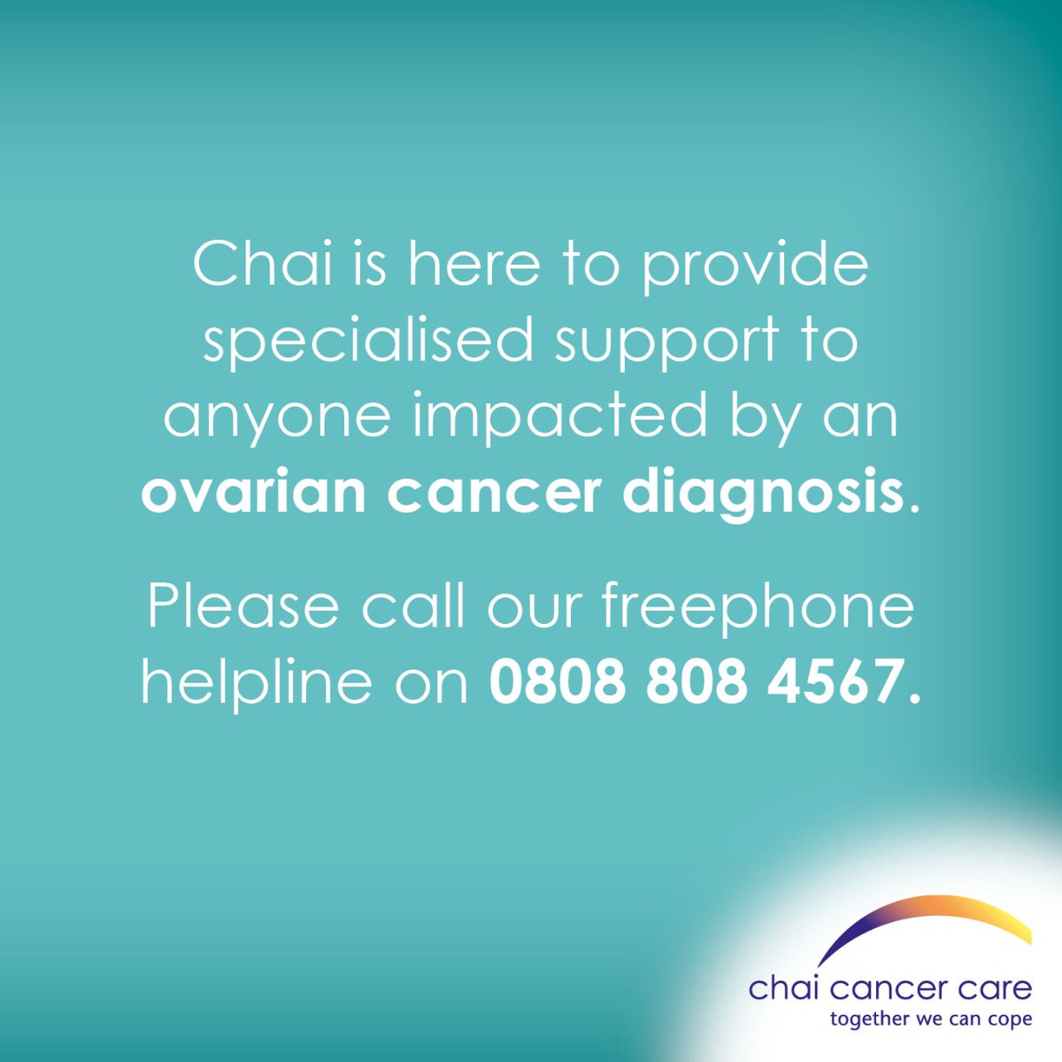 Today is World Ovarian Cancer Day. #Doyouknow the signs to look out for?

📞Chai is here to provide specialised support to anyone affected by an ovarian cancer diagnosis. Please call our freephone helpline on 0808 808 4567.

#worldovariancancerday #ovariancanceraction