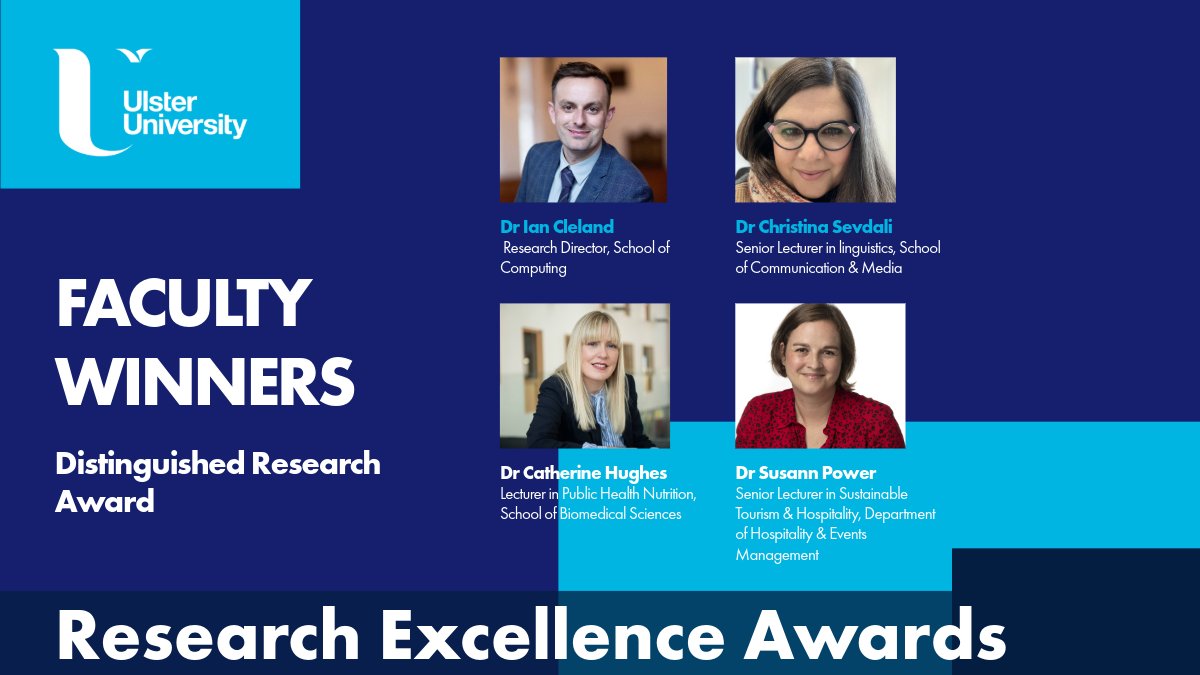 Next, the Faculty winners for the Distinguished Research Award, celebrating those who have demonstrated great potential as a leader & achieved international standing. Congratulations to Dr Ian Cleland, Dr Christina Sevdali, Dr Catherine Hughes and Dr Susann Power. #ProudOfUU