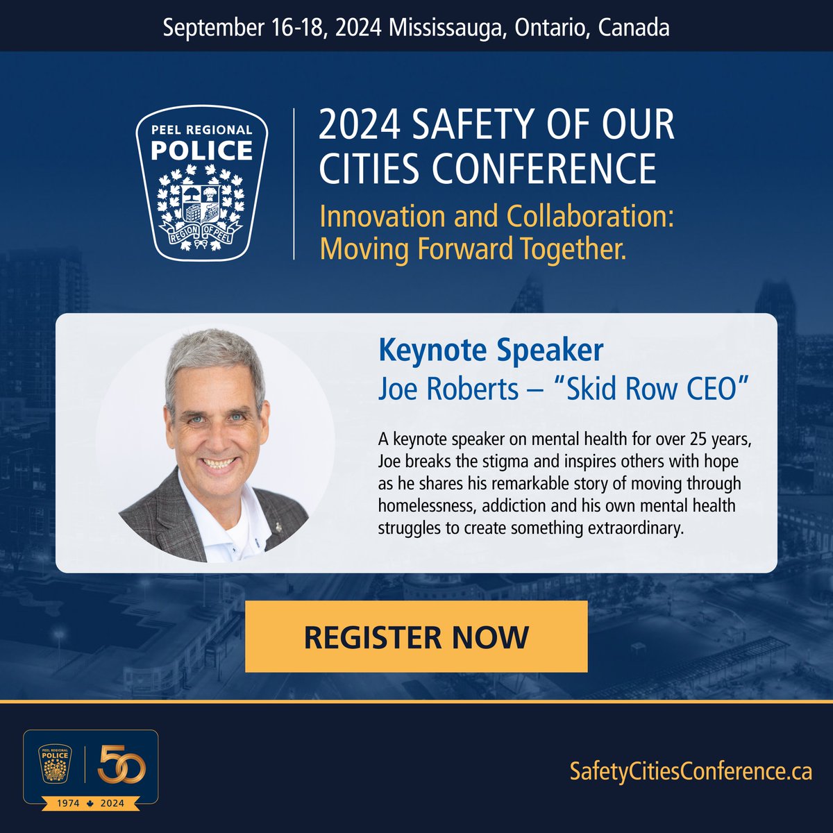 Excited to announce Joe Roberts – “Skid Row CEO” as keynote speaker for the 2nd Annual #SafetyofOurCities Conference hosted @PeelPolice in #Mississauga. Joe’s story of resilience & positive outcomes of “believing in possible” is truly inspiring. Join us! SafetyCitiesConference.ca