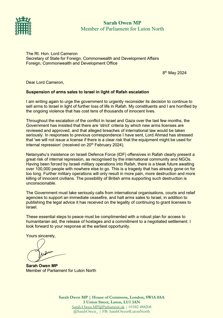 The government has insisted that it would not sell arms where they could be used for internal repression. The Rafah offensive is a clear breach of this standard. I have written to the Foreign Sec to urge the govt to suspend arms sales immediately. ⬇️🧵