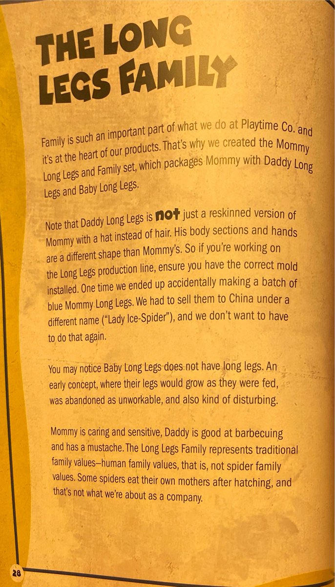 Alrighty, good morning, people!

As for the Poppy Playtime Employee Handbook, here's some cool stuff I have discovered within the novel.

Here's one about the Long Legs Family;

Seems like Baby Long Legs is a 'rejected' toy as well.
