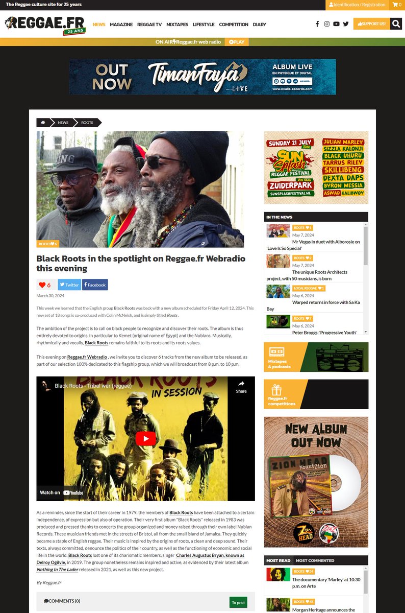 Spotlight on the new album posted on Reggae.fr on 30 March 2024 and getting regular plays on the radio, too. The editorial and radio teams continue to support us every time, so much respect and blessings from Black Roots.