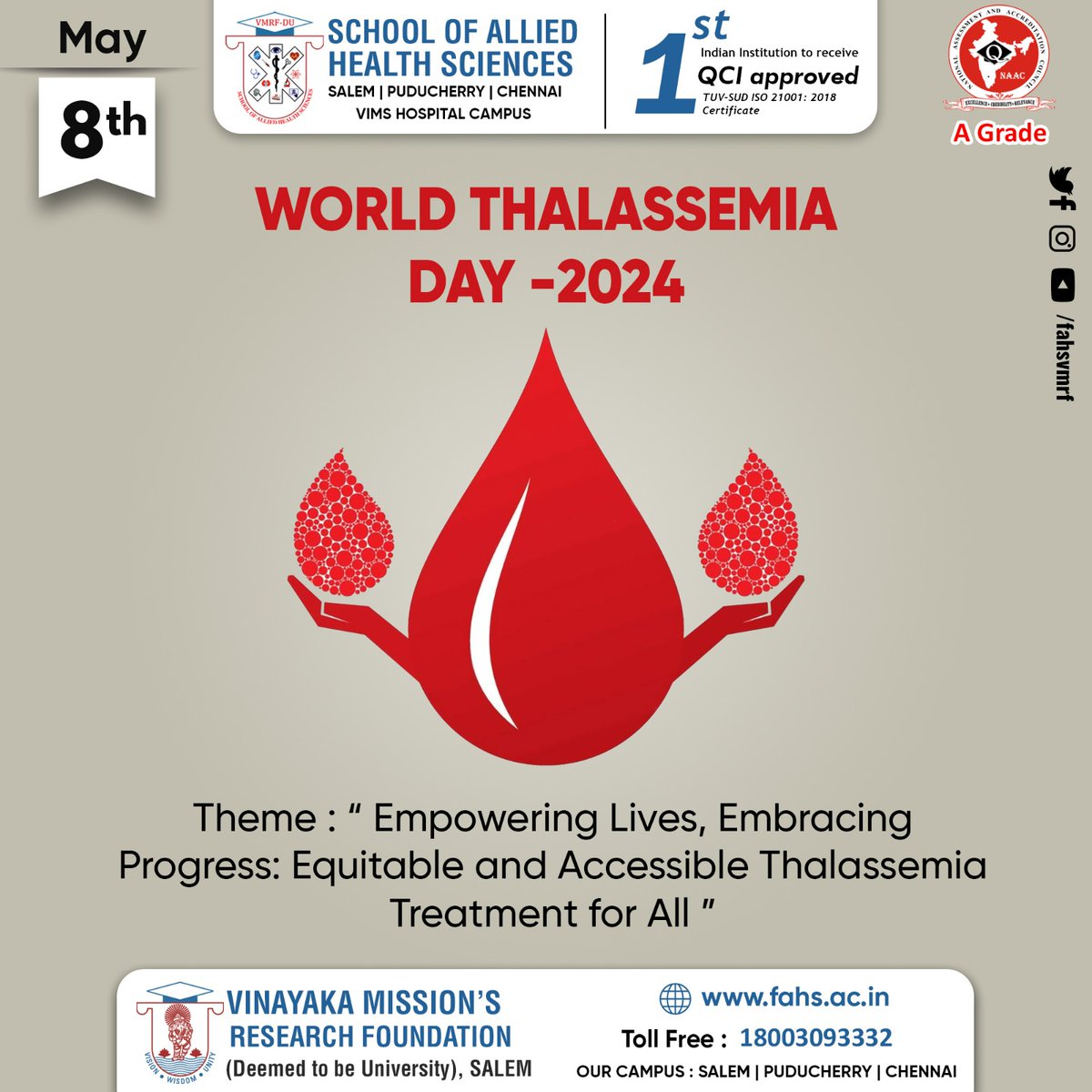World Thalassaemia Day, observed on May 8th every year, is dedicated to raising awareness about thalassaemia, a genetic blood disorder characterised by abnormal haemoglobin production. 

#WorldThalassemiaDay #raiseawareness