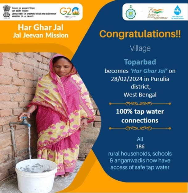 Congratulations to all people of Toprabad Village of Purulia District West Bengal State, for becoming #HarGharJal with safe tap water to all 186 rural households, schools & anganwadis under #JalJeevanMission as on 28.02.2024
@GowbPhe