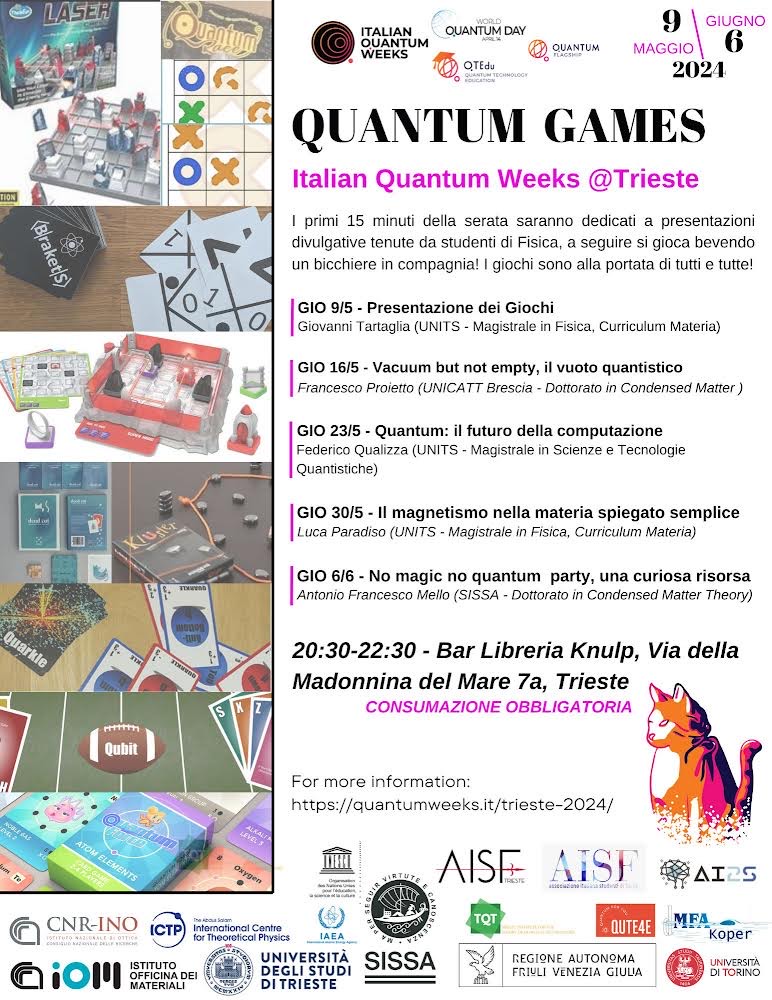 ... e a seguire Quantum Games‼️ Vieni a scoprire le tecnologie quantistiche giocando 🎲 ⚛️ 🗓 Giovedì 9 maggio ⏰ ore 20:30 📍 Bar Libreria Knulp #Trieste #ItalianQuantumWeeks👉quantumweeks.it/trieste-2024/
