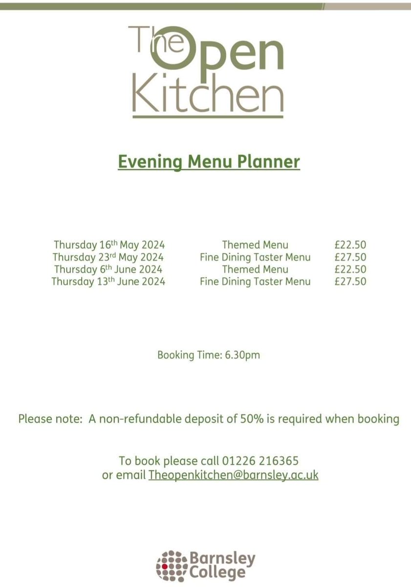❗ Important Post ❗ FINAL four dates on our Thursday Evening Don't miss out there are limited spaces left To book please 📞 01226 216365 or 📧 Theoepnkitchen@barnsley.ac.uk #theopenkitchenbc #barnsleyisbrill #barnsleycollege