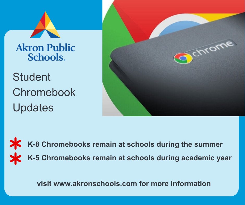 Attention @akronschools Families Updates are coming for the summer and 2024-2025 school year! We're introducing Chromebook carts in K-5 buildings and implementing changes to Chromebook transport during the summer months. Check your email for all the details.