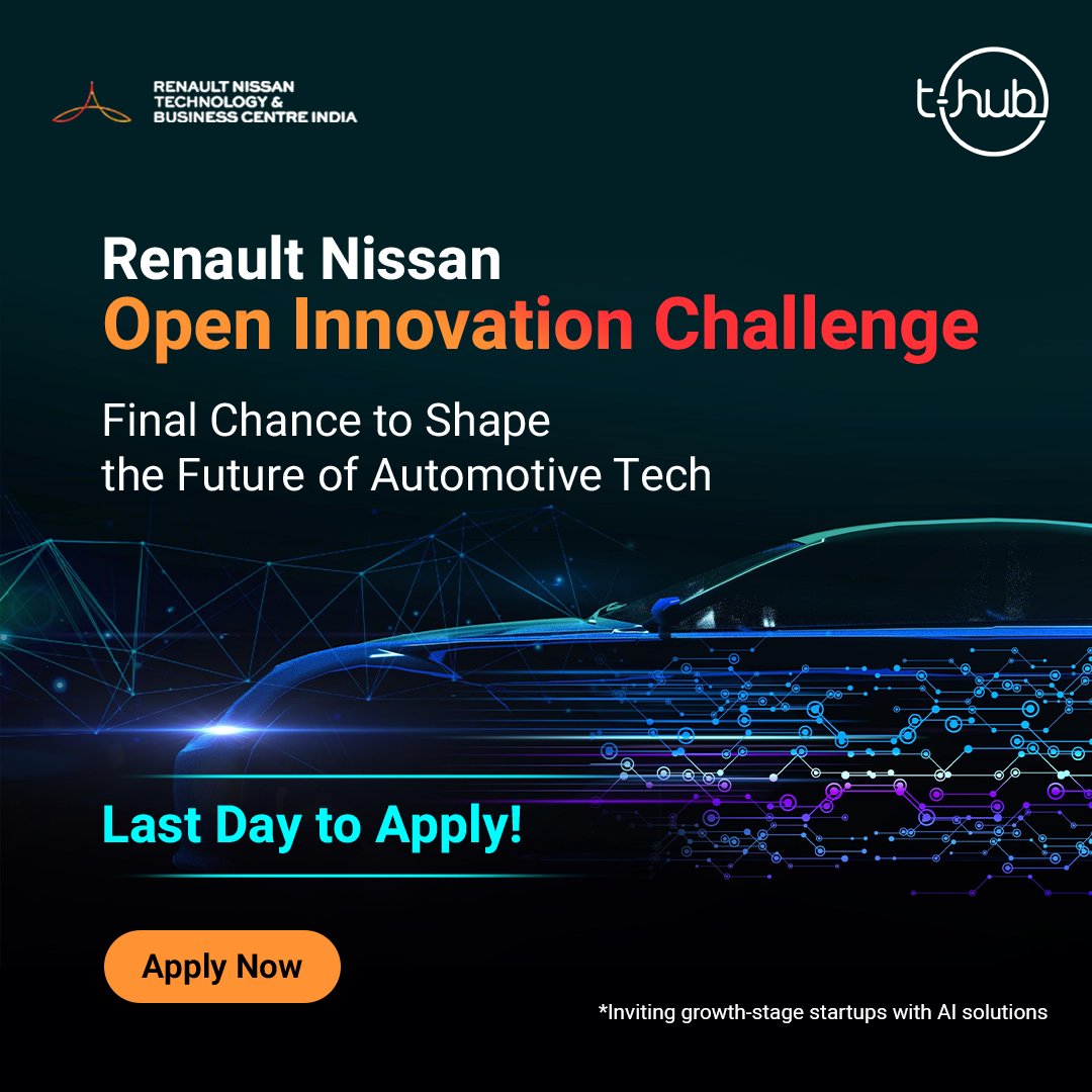Final call to join the Renault Nissan Open Innovation Challenge! Collaborate with T-Hub & RNTBCI to bring new ideas into automotive design using Generative AI. Get benefits like grant funds of INR 10L for a dedicated PoC. Apply: bit.ly/3TlSTnn