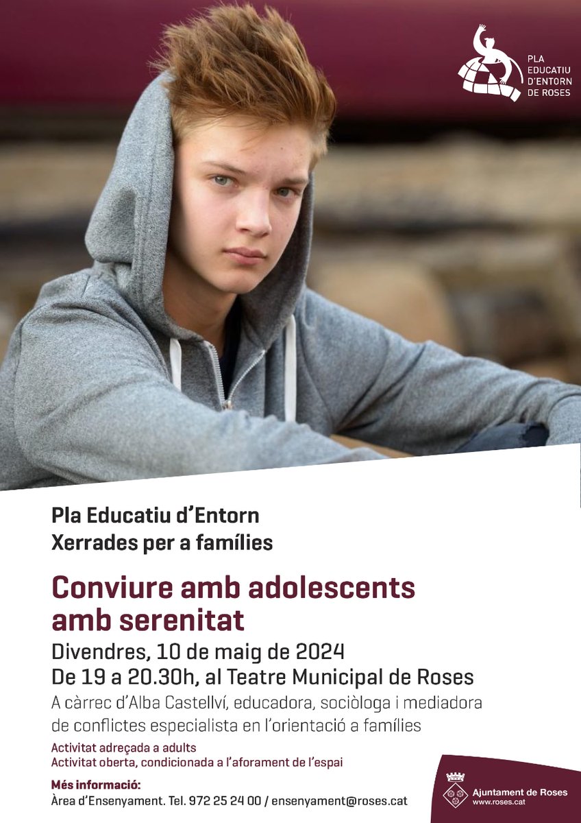 Nova xerrada per a famílies dins el Pla Educatiu d'Entorn de Roses 💬

👉 Conviure amb adolescents amb serenitat
📅 Divendres, 10 de maig
📍 De 19 a 20.30h al Teatre Municipal 
🗣️ A càrrec d'Alba Castellví, educadora, sociòloga i mediadora de conflictes

#aRoses