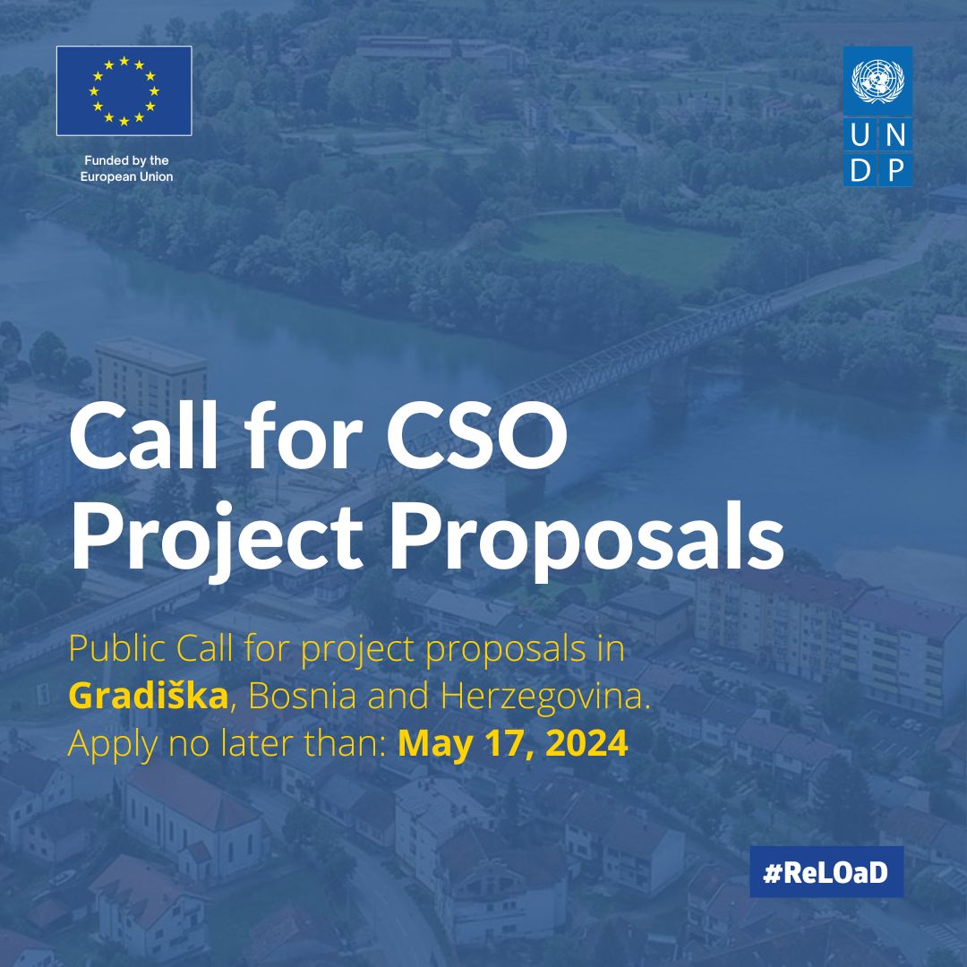 City of Gradiška and #ReLOaD2 have opened a new public call for #CSO project proposals Apply no later than May 17, 2024! More details: shorturl.at/txI16 ReLOaD2 is funded by #EuropeanUnion and implemented by #UNDP #UNDPEUPartnership #EUzaBiH